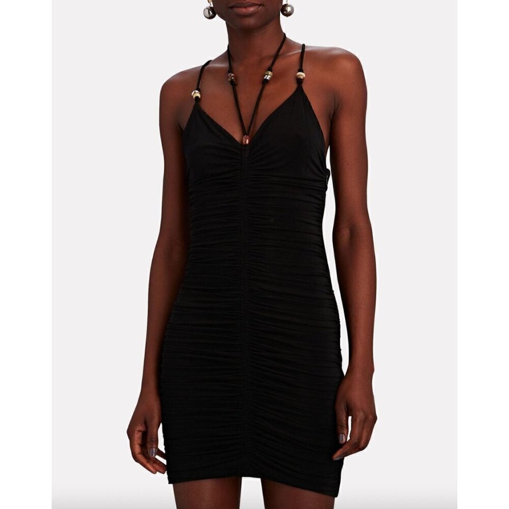 Anya Ruched Bead Embellished Mini Dress Black Womens Size XS - Picture 2 of 15